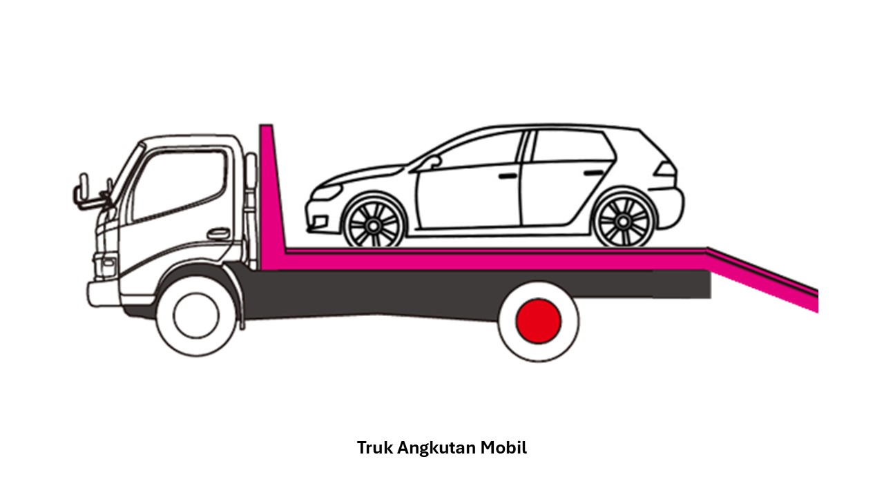 Truk Hino dengan mobil yang diangkut